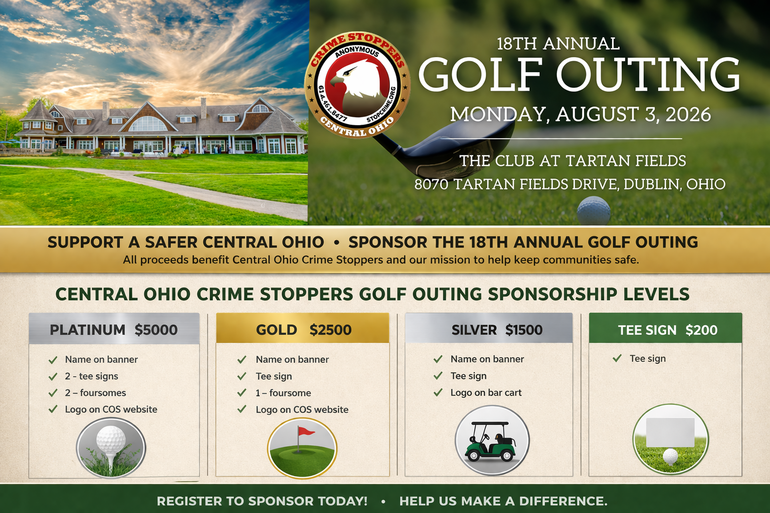 Central Ohio Crime Stoppers 18th Annual Golf Outing, Monday August 3, 2026, at The Club at Tartan Fields, Dublin, Ohio
